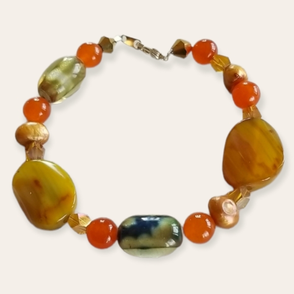 Hand Crafted Jewelry - Boho Semi-precious Stone and Freshwater Pearl Bracelet Hand Crafted
